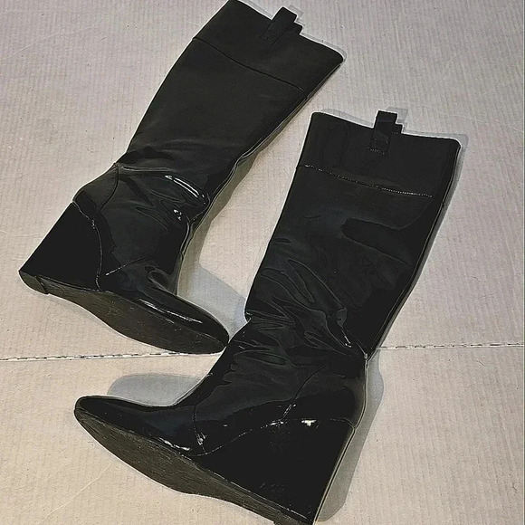 J Vincent Patent Leather Hidden‎ Wedge Black Grunge,Goth Knee High Boots SZ 9M - Picture 1 of 12